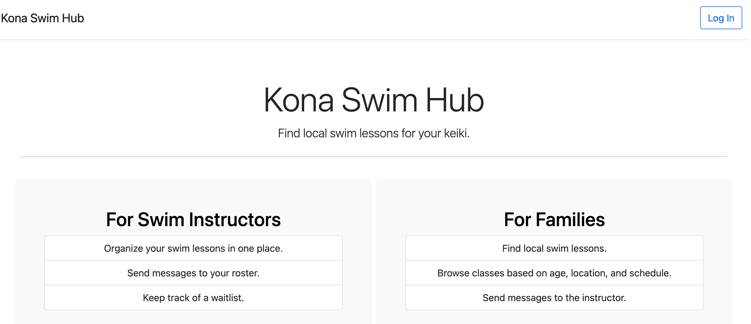 Screenshot of Konaswimhub.com homepage